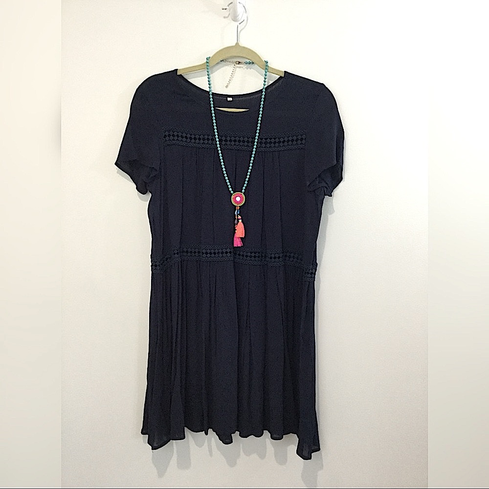 Dark Navy Crepe Lace A Line Babydoll Dress